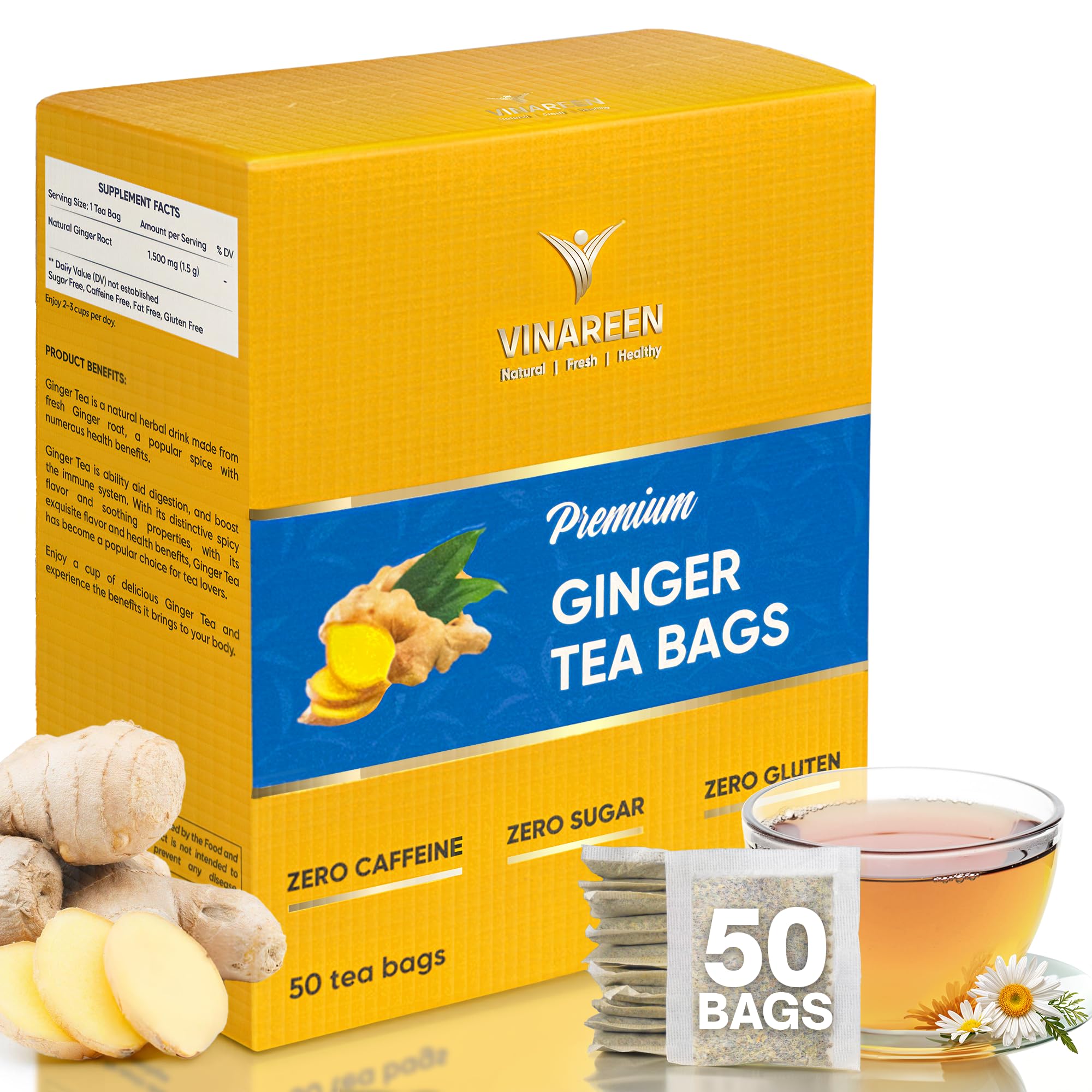 Amazon.com : VINAREEN Ginger Tea Bags - 50 Tea Bags - Made from